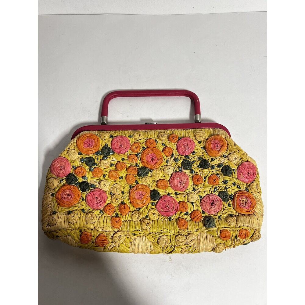 Ann Taylor EUC Yellow/Orange/Pink Floral Raffia Clutch Bag Purse Cute!